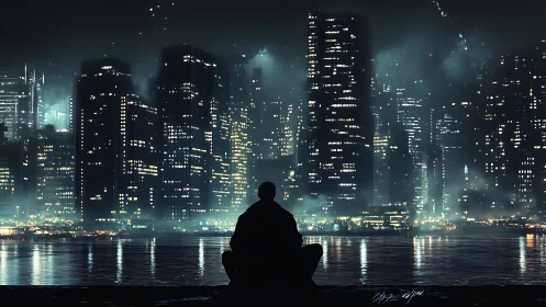 Solitary figure observes illuminated skyline across water