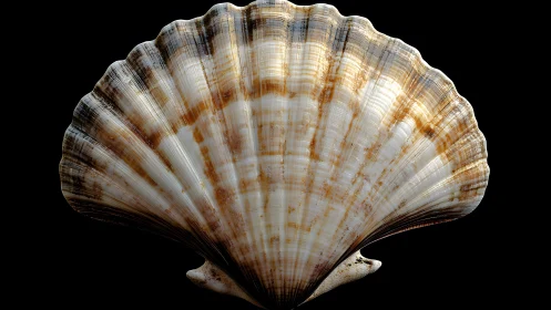 Detailed close-up of scallop seashell on black background, studio style.