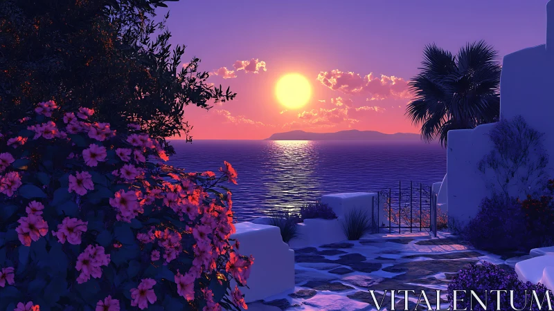 Digital painting of Mediterranean seaside terrace at violet sunset.