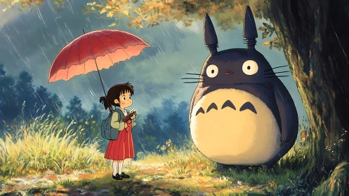 Girl meets gentle forest spirit under a soft summer rain