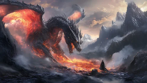 Lava-forged dragon confronting lone figure in volcanic pass.