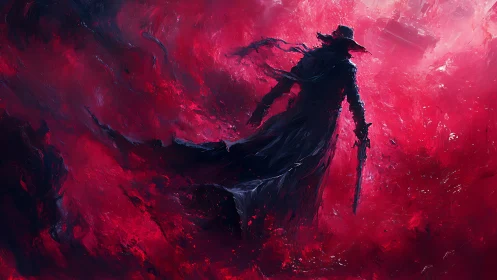 Shadowed gunslinger strides through swirling crimson void