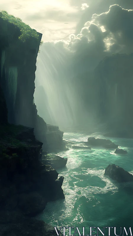 Emerald river gorge under misty cliffs and storm light.