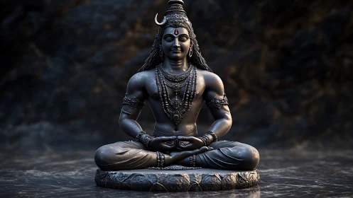 Highly detailed Shiva sculpture in meditative lotus pose rendered realistically
