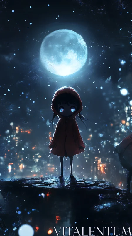 Girl in red hood stands under full moon above city lights.
