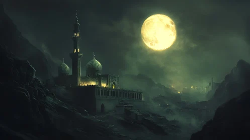 Lunar-Illuminated Mountain Citadel in Nocturnal Digital Painting.