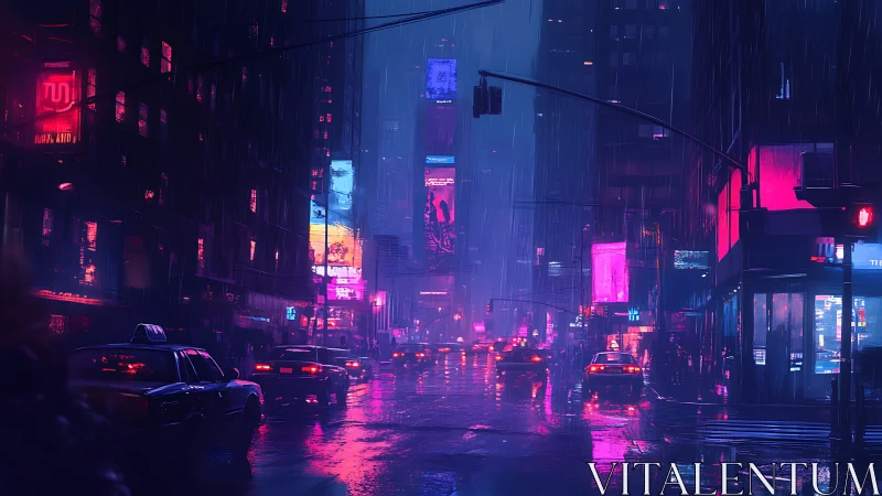 Neon soaked night city street with cars in heavy rain.