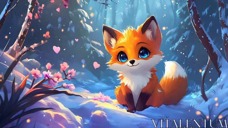 Adorable stylized fox sits in luminous snowy fantasy forest