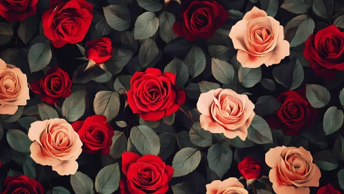 Crimson Petals Meet Peachy Blooms Across Shadowed Garden.