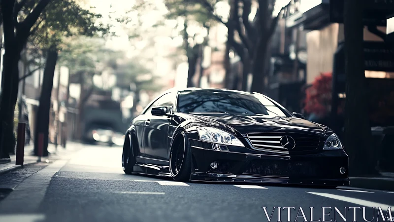 Black performance coupe on urban street with bokeh lighting.