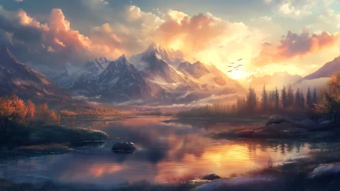 Sunrise crowns the alpine peaks in molten watercolor light.