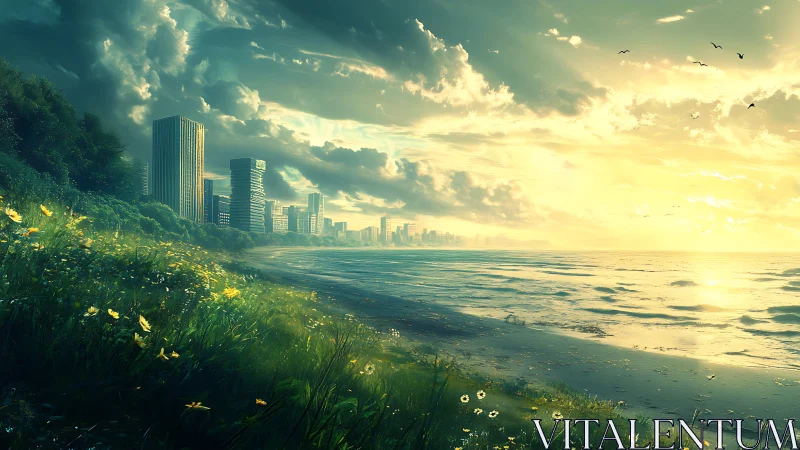 Sunlit coastal city skyline borders dense green shoreline