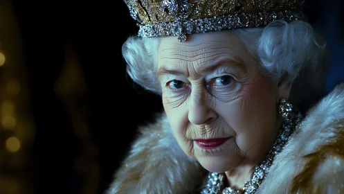 Regal elderly woman in jeweled crown gazes with quiet authority