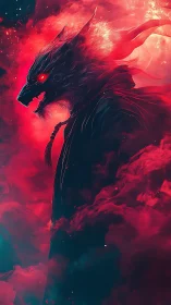 Fiery wolf spirit cloaked in swirling red and shadowed mist.