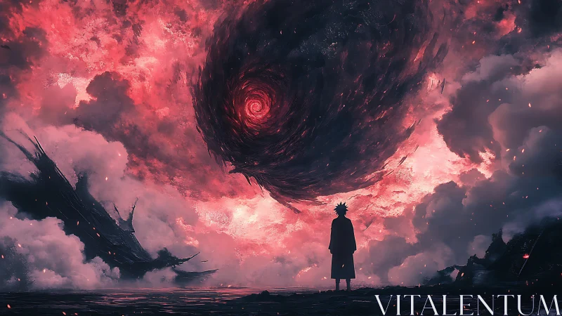Silhouetted figure below swirling red vortex in clouds.