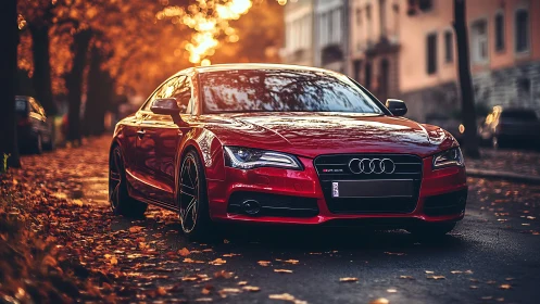 Scarlet sports coupe prowls through a golden autumn glow