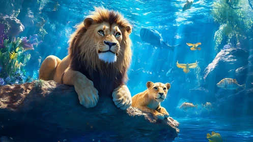 Lion and Lioness Underwater with Marine Life.