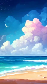 Digital seascape with clouds above shoreline and horizon.