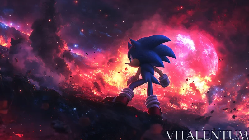 Backlit Sonic silhouette against high-contrast cosmic firestorm