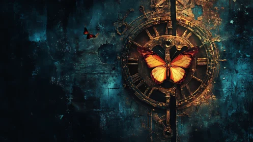 Radiant monarch butterfly anchored within oxidized clockwork.