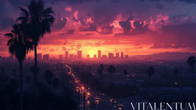 Neon dusk pours over palm-lined city streets in blaze.