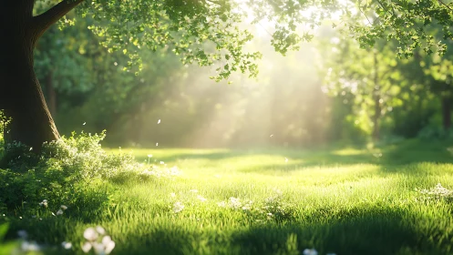Sunlit meadow quietude beneath sheltering spring trees.