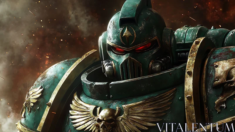 Armored space warrior in battle-scarred emerald power suit.