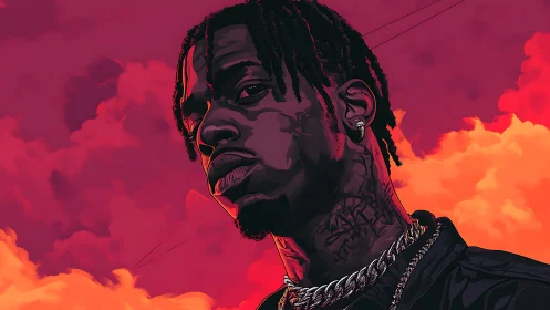 Cel-shaded portrait with high-contrast gradients and neon sky lighting