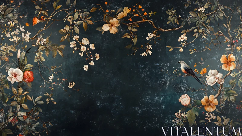 Songbird resting in a dreamy floral night garden mural.