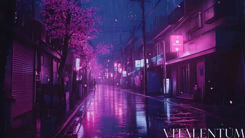 Neon rain street with cherry blossoms in cyberpunk glow.