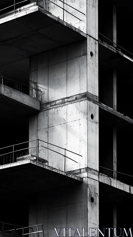 Concrete skeleton in chiaroscuro light, frozen mid-construction.