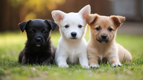Triadic puppy portrait with shallow depth-of-field symmetry.