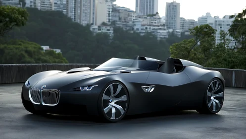 Matte black BMW roadster concept before urban skyline.