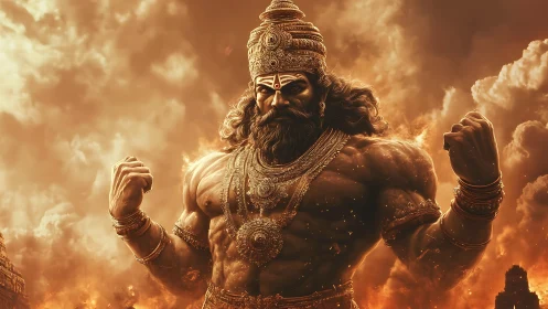 Muscular mythic warrior stands amid fiery clouds and ruins