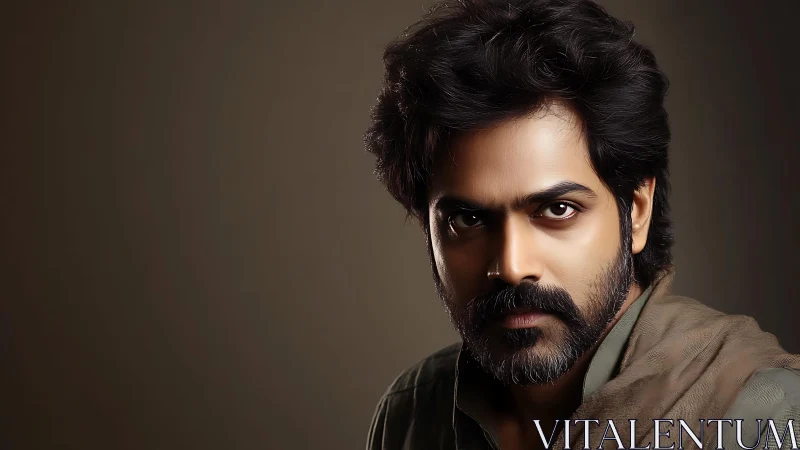 Photorealistic male portrait with dramatic studio lighting focus.