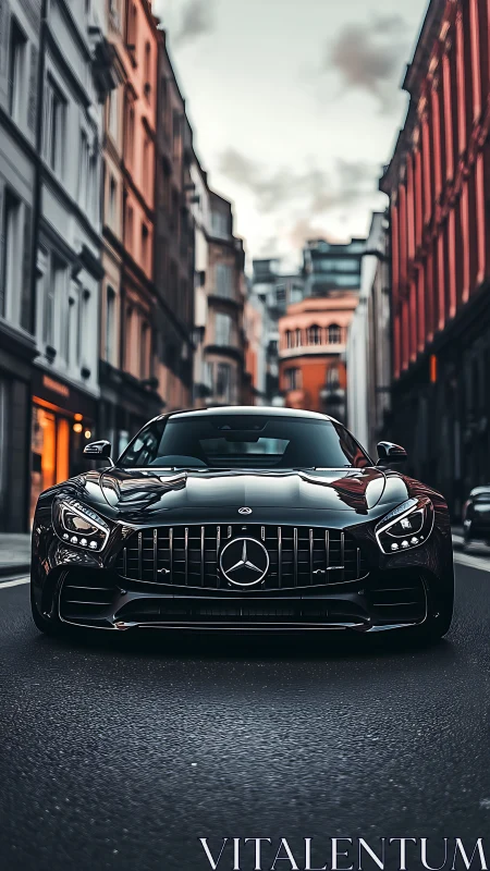 Black Mercedes sports car parked on narrow city street.