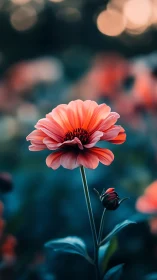 Coral gerbera daisy in sharp focus with blurred background bokeh.