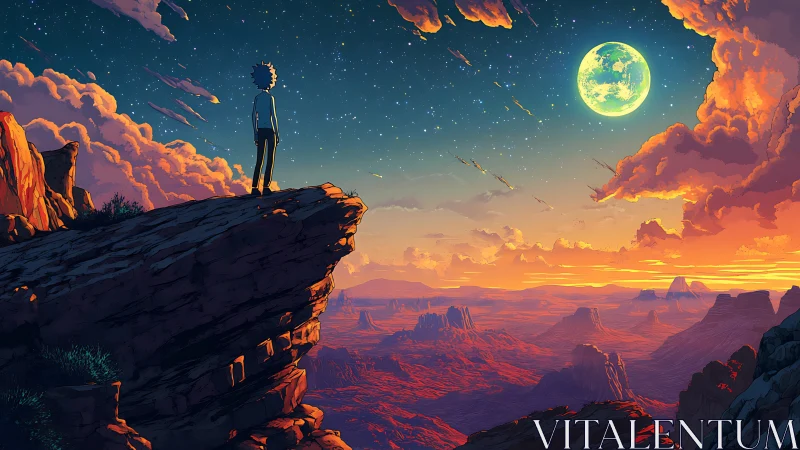 Silhouetted figure observes alien desert under large moon