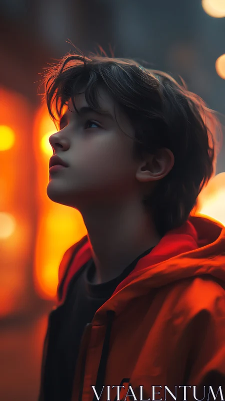 Boy in orange jacket gazes upward in neon city glow.