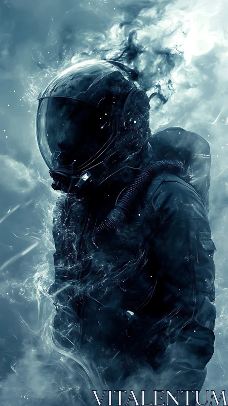 Ethereal astronaut dissolving into luminous nebular smoke.