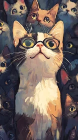 Centered Feline Subject with Ocular Spectacles: Digital Painterly Composition with Surreal Multiplic