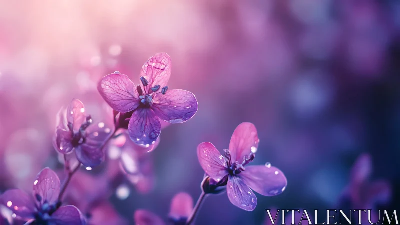 Purple flowers with water droplets in soft focus environment