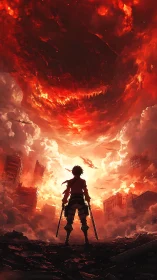 Silhouetted fighter facing fiery sky over ruined cityscape.