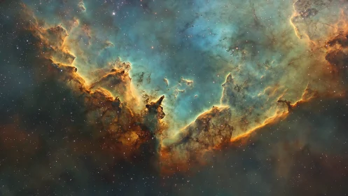 Emission nebula with glowing gas clouds and dark dust lanes.