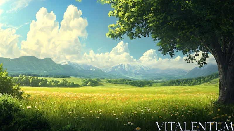 Sunlit alpine meadow stretches toward distant snowy peaks