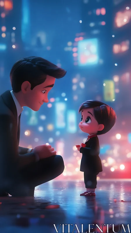A heartwarming moment between a caring father and child in the neon city lights