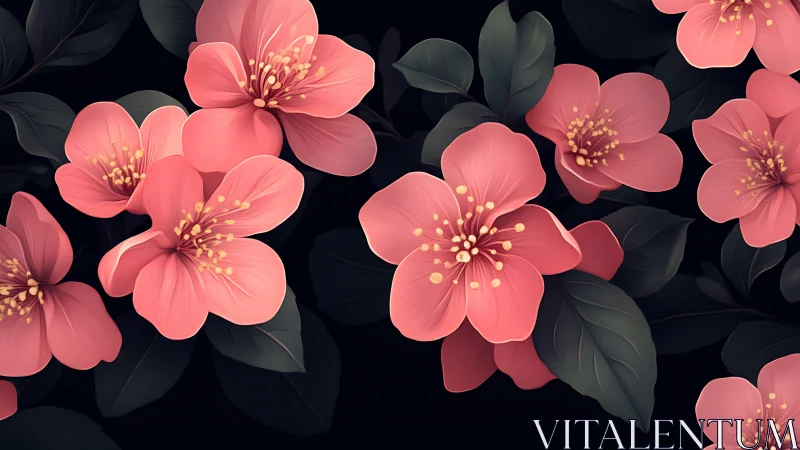 Coral pink flowers with yellow stamens on dark foliage