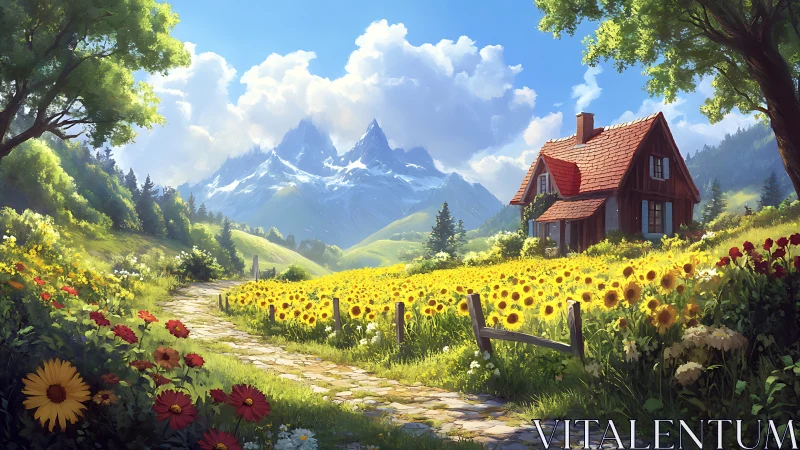 Sunlit sunflower valley cradles a cozy red-roof cottage.