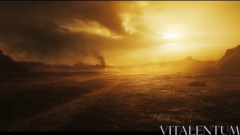 Sun-scorched wasteland under brooding golden storm clouds.