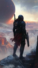 Armored explorer surveys eroded alien canyon under massive planet